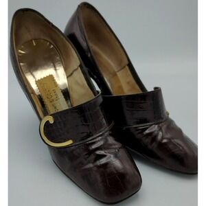 Vtg Town And Country Faux Alligator Block Heeled Pumps Womens 8 AA Brown Leather